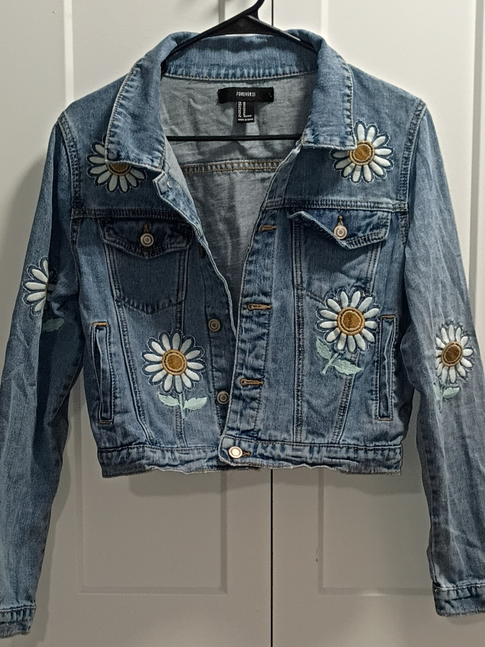 Forever 21 Light Blue Denim Jacket with Daisy Embroidery